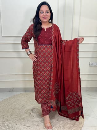 Jahan Maroon 3 piece premium Cotton Suit Set- Maroon-M-38