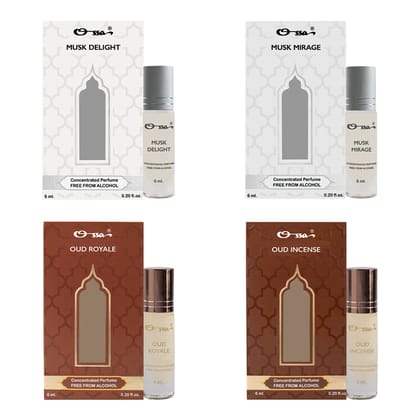 OSSA MUSK DELIGHT & MIRAGE, OUD ROYALE & INCENSE CONCENTRATED PERFUMES (PACK OF 4)