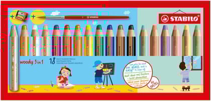 Stabilo | Woody 3 In 1 | Colour Pencil | Wallet Of 18 |  With Sharpener And Brush