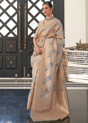 Golden And Grey Woven Banarasi Organza Silk Saree