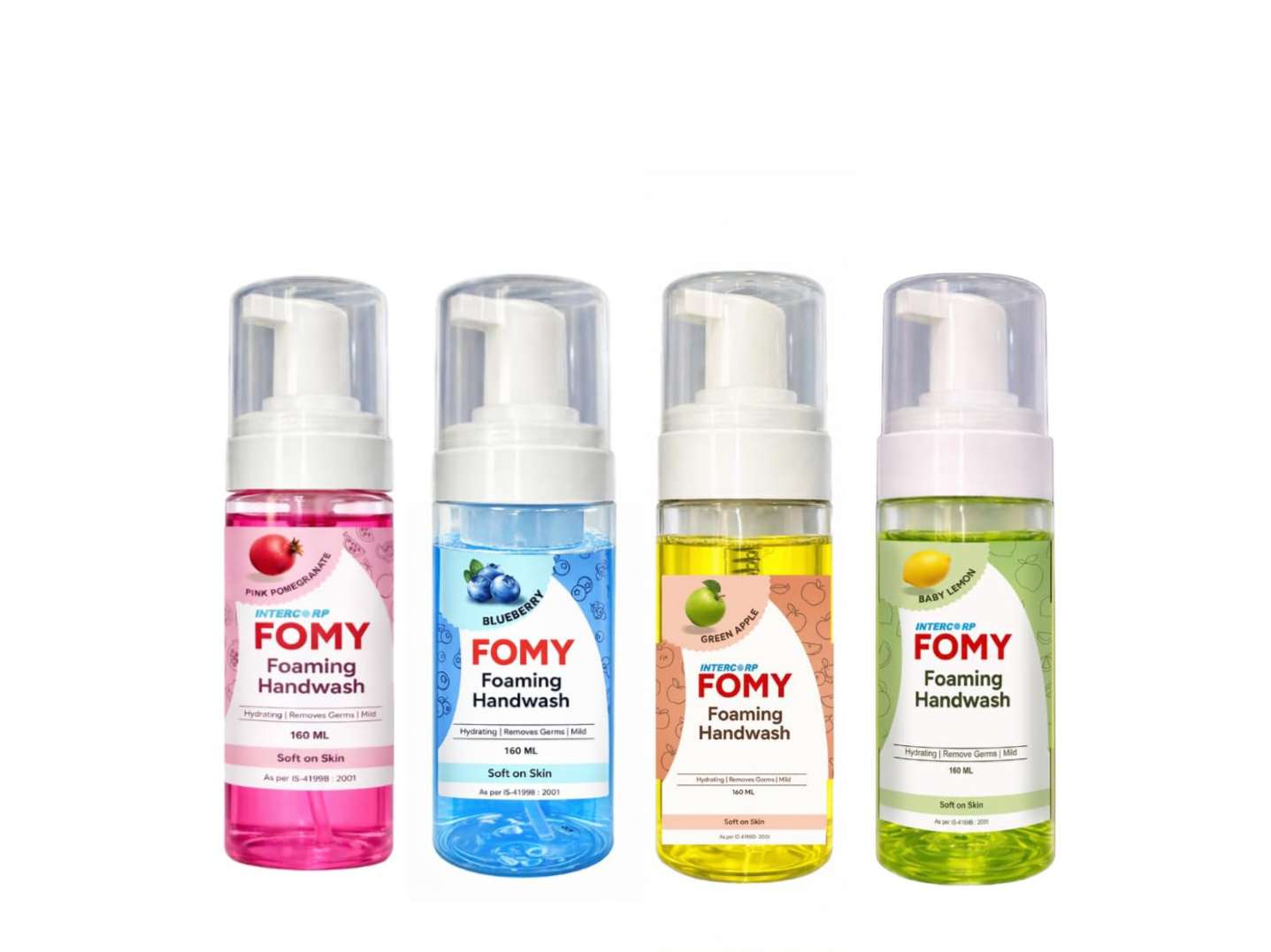 Intercorp Fomy Antibacterial Soft Refreshing Foam Hand Wash, 160 ml Each (Pink Pomegranate, Blueberry, Green Apple & Baby Lemon - Pack of 4)