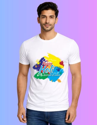 Happy Holi Festival of Colors Polyester T-Shirt 100 GSM Round Neck White