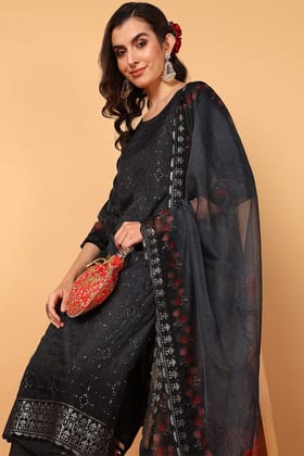 Plus Size Black Organza Floral Embroidered Straight Suit Set PKSKD2091