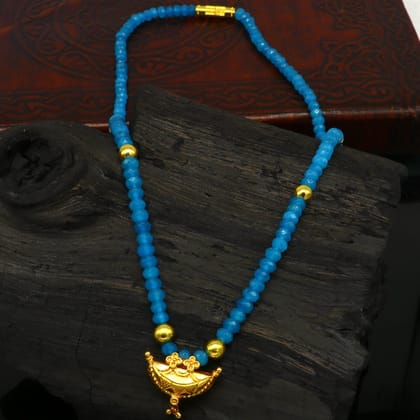 18" faceted blue color beaded necklace, 20kt yellow gold amulet stylish pendant, vintage customized brides gift tribal ethnic jewelry ap07