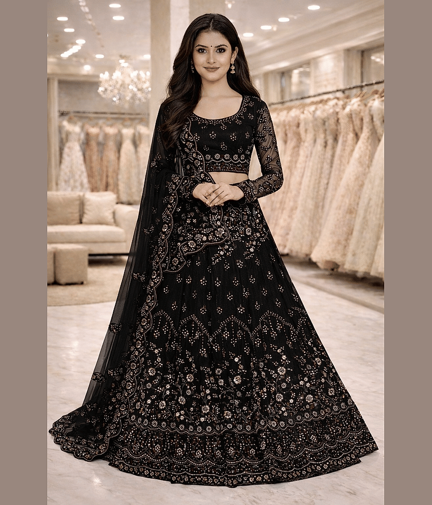 Keyura Net Lehenga Choli Set For Girls ( Pack of 1 , Black )