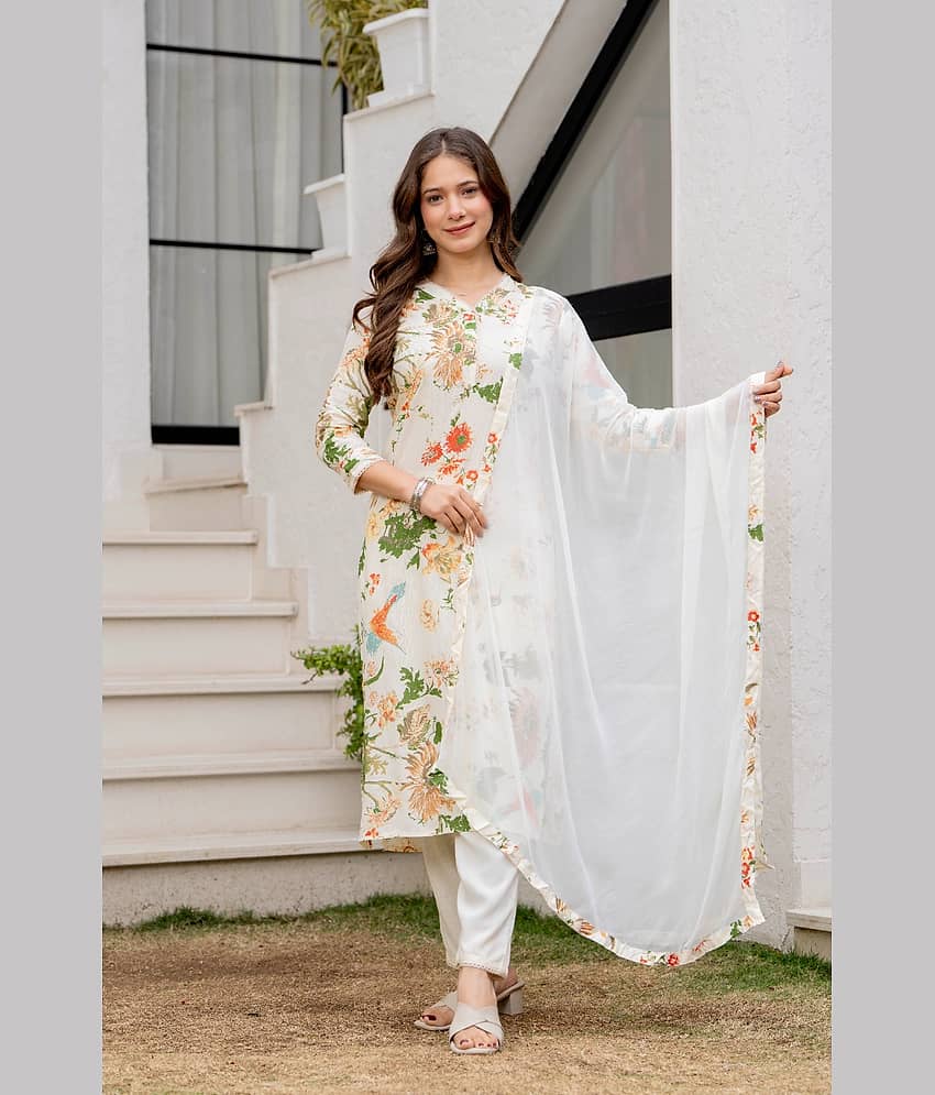 MAUKA Women Rayon Printed Straight Kurti With Pants ( Cream )