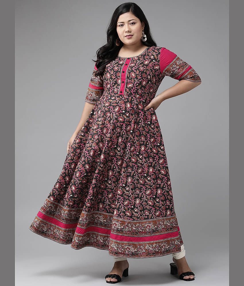 Yash Gallery Pack of 1 Cotton Printed Flared Women's Kurti - ( Black )