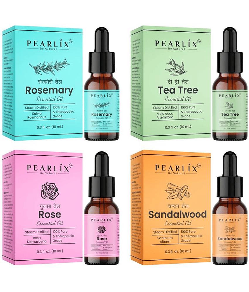PEARLIX Rosemary Essential Oil,Tea Tree Acne & Pimple Oil, Sandalwood Anti Scar & Pigmentation Oil, Rose Aroma & Fragrance Oil For Skin Aroma | Candle Making |Soap Making |Hair Car Care Essential Oils 10ml Each