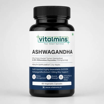 Vitalmins | Your Smart Nutrition | Ashwagandha | Stress Management | Muscle Strength | Immunity & Restful Sleep  | Health Supplement for Adults | 60 Veg Capsules