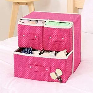 KATHIYAWADI 2 Layer 3 Drawer Storage Box | Foldable Collapsible Cloth/Cosmetics Cabinet Storage Box | Home Drawer Unit Box | Wardrobe Storage Organizer (Set of 1,Multicolor)