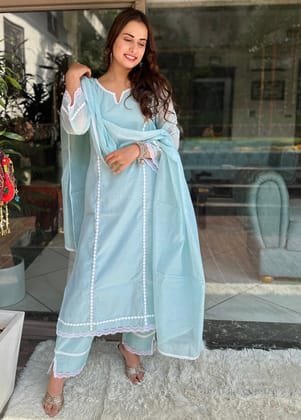 Blue Chanderi Cotton Suit Set-S