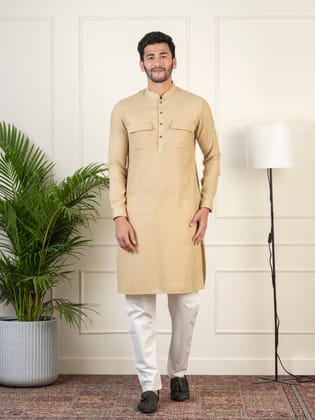 Beige Cotton Pathani Kurta Set with Patch pocket-Made To Measure / Only Pathani - No Lowers
