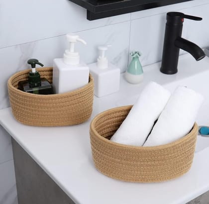 Generic Cotton 8x3 Inch Round 2 Set Bedside Organizer With Out Lid (Beige)-PID66364