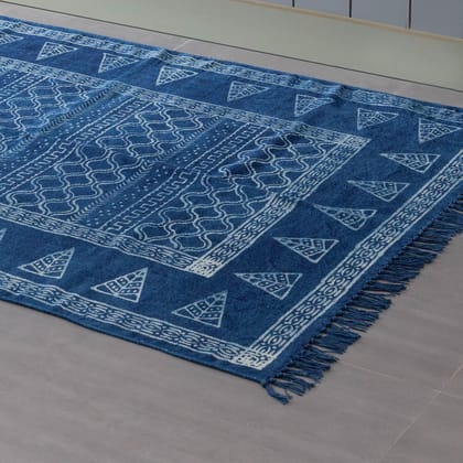 Hand Block Printed Indigo Rug - 5x3-5ft x 3ft / 60inches x 36inches / Indigo / 100% Cotton