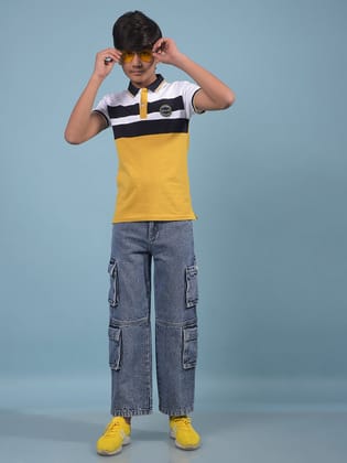Mustard Color-Blocked Polo-Neck T-Shirt-7-8Y / Mustard