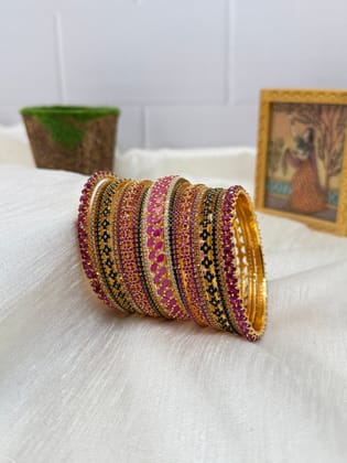 Luxurious Rani Pink And Black Stone & Metal Bangle Set - 5141-2.2 / Both Hands (you will get 2 sets)