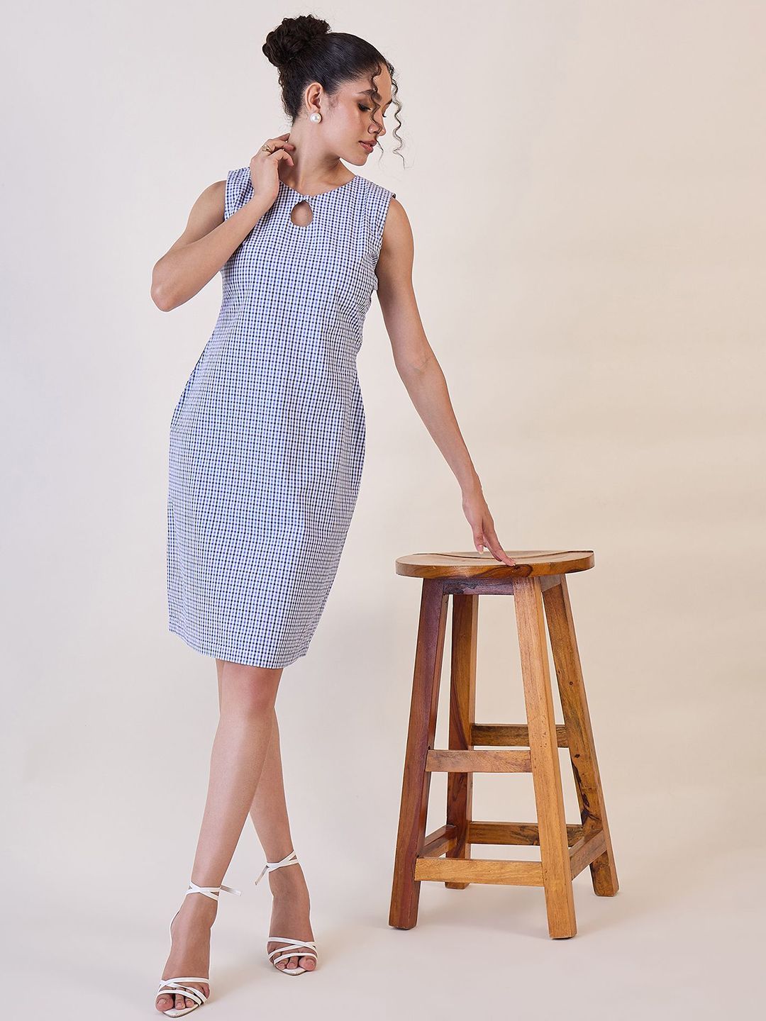 Blue & White Gingham Check Cotton Shift Dress-XL