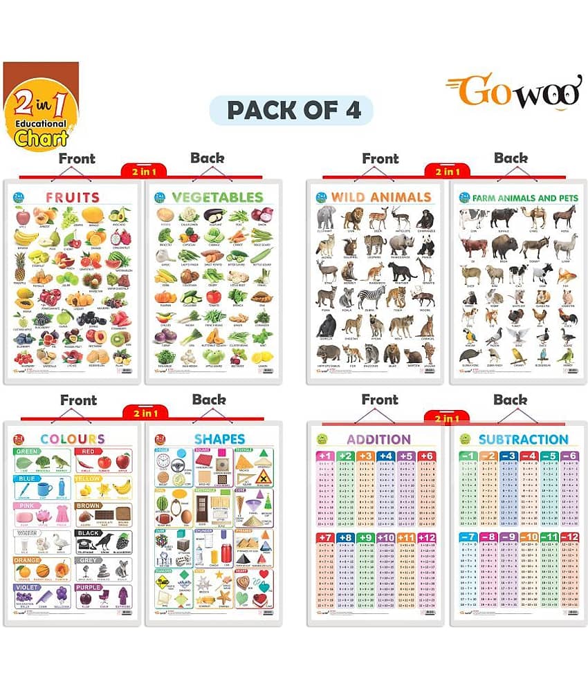 Set of 4 |  2 IN 1 COLOURS AND SHAPES, 2 IN 1 FRUITS AND VEGETABLES, 2 IN 1 WILD AND FARM ANIMALS & PETS and 2 IN 1 ADDITION AND SUBTRACTION Early Learning Educational Charts for Kids