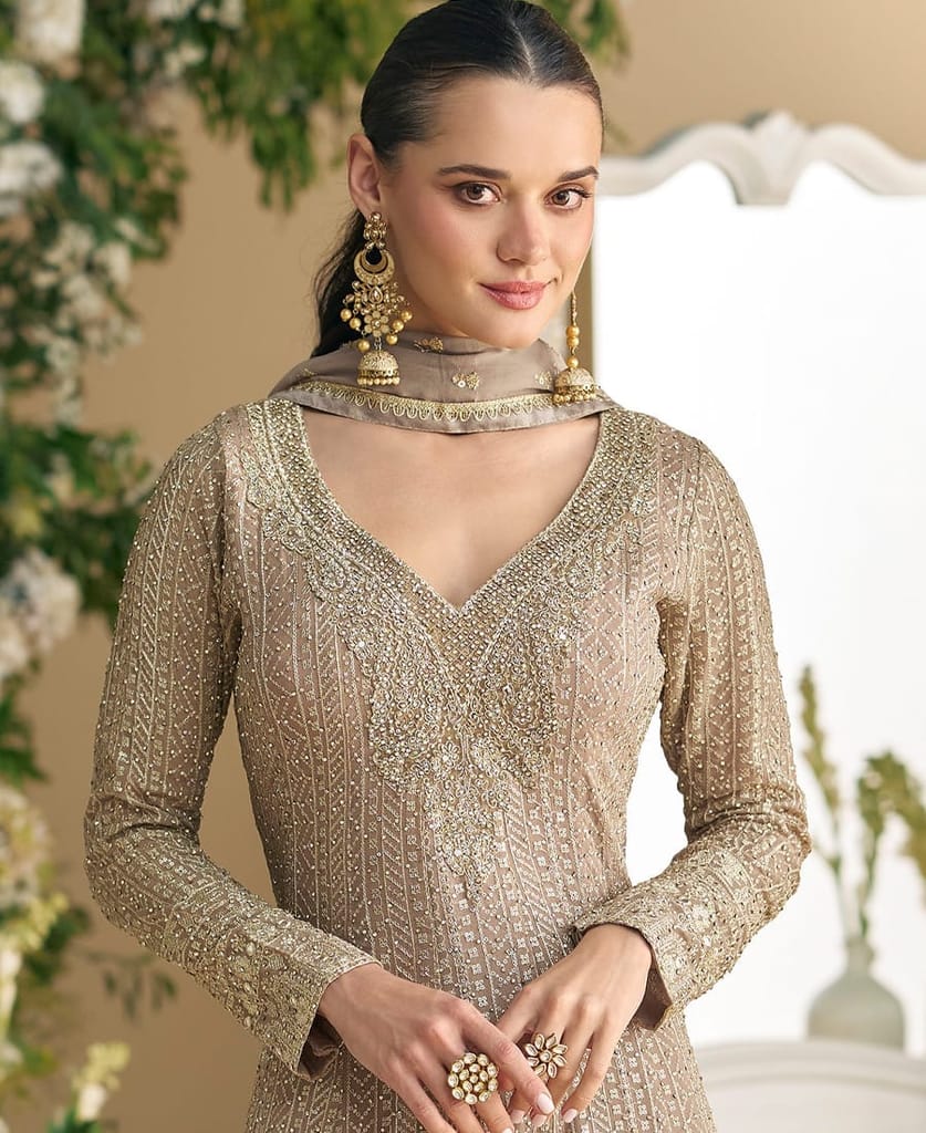 Designer Peplum Style Beige Georgette Suit Set for Women Ethnic Wear