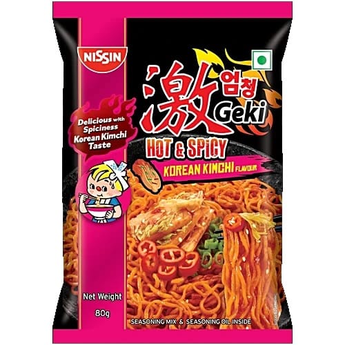 Nissin Geki - Hot & Spicy Korean Kimchi Flavoured Ramen Instant Noodles, 80 g Pouch