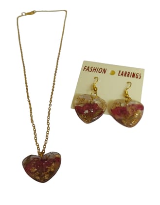 Elegant Rose Jewelry Set with Heart Pendant and Dried Flower Earrings