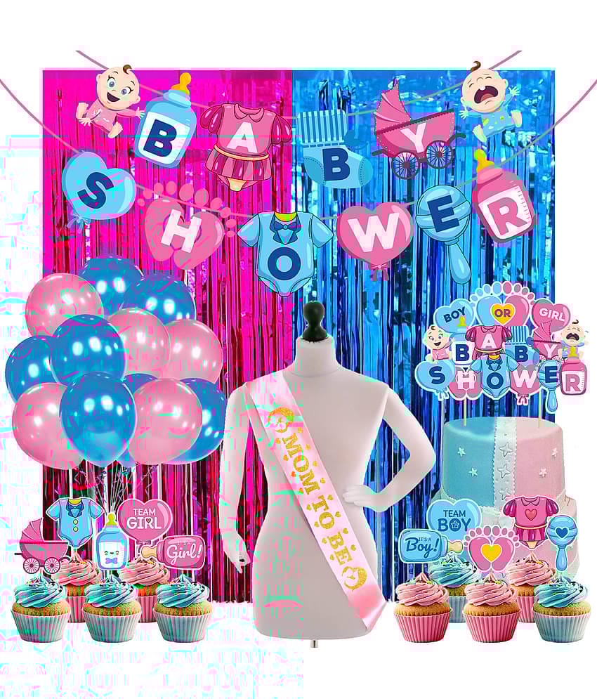 Zyozi Baby Shower Decorations Props,Baby Shower Party Supplies Included Baby Shower Letter Banner, Cake Topper,Cupckae Topper, Sash ,Foil Curtain And Balloon for Baby Shower Theme (Pack of 40)