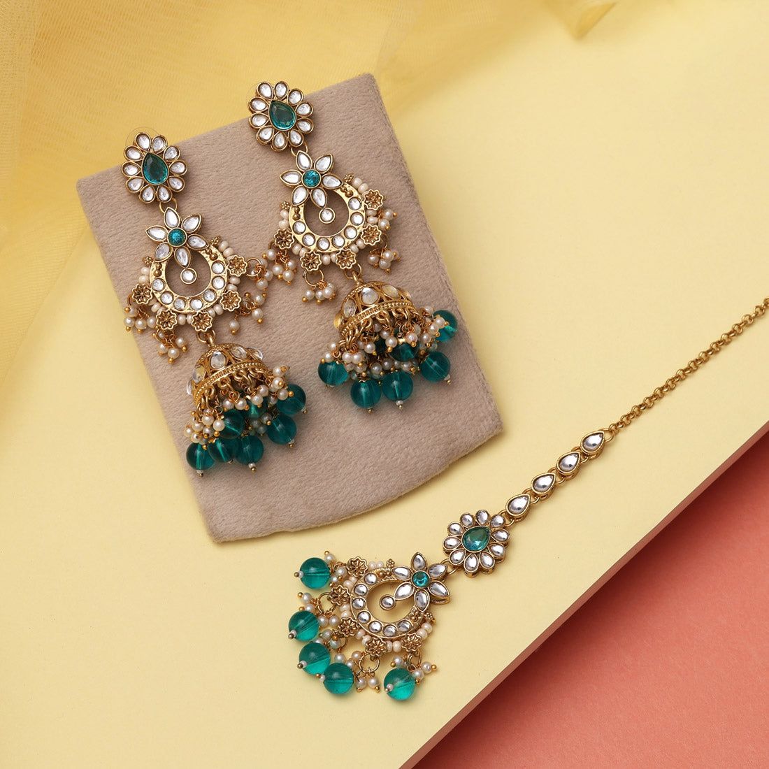 Turquoise Blue Color Kundan Earrings With Maang Tikka (KDTE575TBLU)-Length: 9.00 CM x Width: 2.00 CM / Blue / Alloy With Good Quality Gold Plated