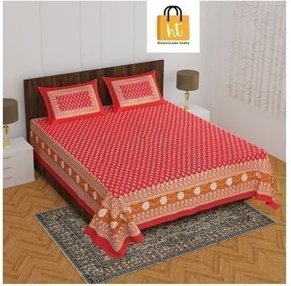 3001-Hometrade India-Standard King Size (90*108 Inches)-Pure Cotton Jaipuri Double Bedsheet With Matching Pillow Cover