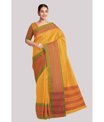 KSR HANDLOOM PVT LTD Cotton Striped Saree With Unstitched Blouse Piece ( Yellow )