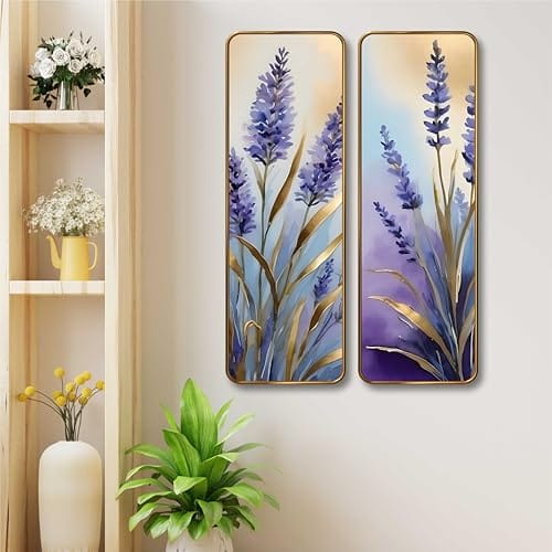 Set of 2 Vertical MDF Wall Panels | Sparkle Lamination Finish | Elegant Purple Flower Art Wall Décor for Living