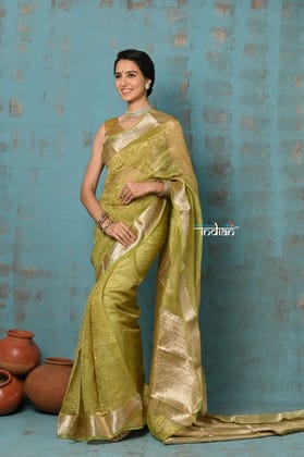 Tyohaar ~ Exclusive! Banarasi Handloom Crushed Pure Tissue Silk Saree ~ Lime Green ( Silk Mark Certified)