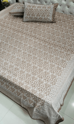 Cotton Block Printed Brown King Size Bedsheet with 2 Pillow Covers-100 * 108
