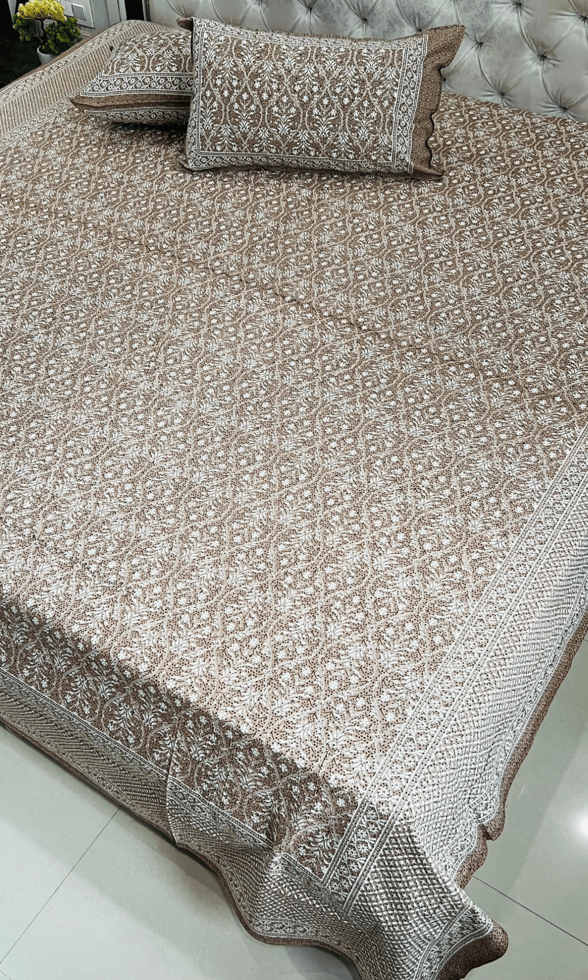 Cotton Block Printed Brown King Size Bedsheet with 2 Pillow Covers-100 * 108