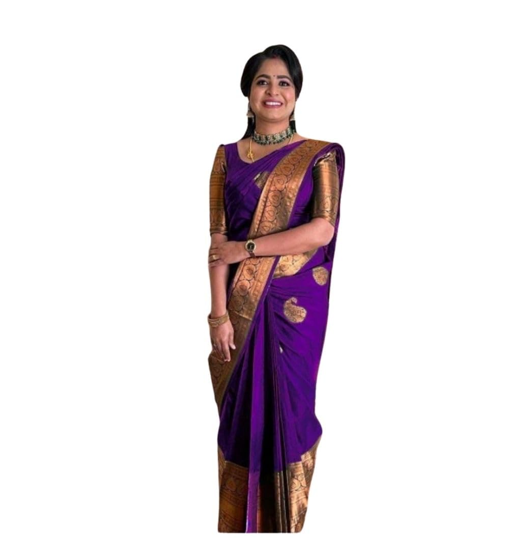 Women's Soft Lichi Silk Printed Saree With Unstitched Blouse 5.5Mtr (Purple)-PID63601