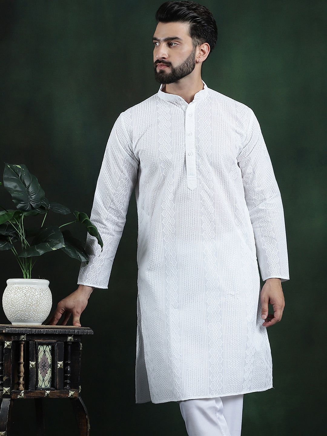 Men's Cotton Thread embroidered White Long Kurta-36