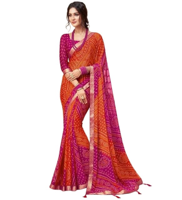 Generic Women's Georgette Bandhani Printed Saree with Unstitched Blouse Piece, Soft Lightweight 5.5 m Sari for Puja and Wear (Orange-Magenta, Design 67589)