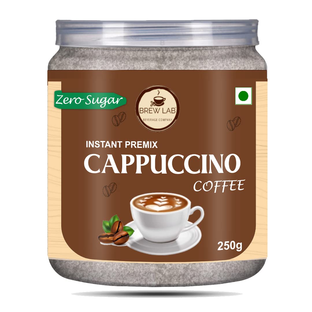Brew Lab instant Cappuccino Coffee Premix with Zero Sugar| 3 Steps Preparations- No Equipment 250g Instant Coffee (250 g)