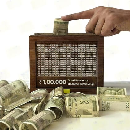Wooden Money Saving Box - 1,00,000 Rupees Money Saving Piggy Bank, Cash Vault Wooden Savings Box, Money Box with Money Target and Numbers to Check for Boys, Girls & Adults (Money Box)