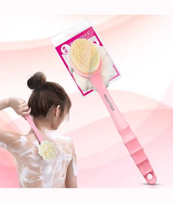 Majestique 2 in 1 Bath Body Brush & Loofah, Dual-Sided Back Scrub, Long Handle Back Rubbing Brush Bath, Soft Bristles & Loofah Bath - 1Pc/Multicolour