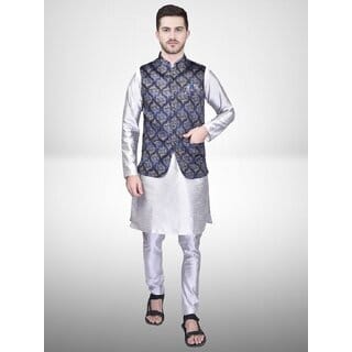 PrintCultr Men Silk Blend Blue Kurta Pyjama Ethnic Jacket Set PrintCultr Men Silk Blend Blue Kurta Pyjama Ethnic Jacket Set