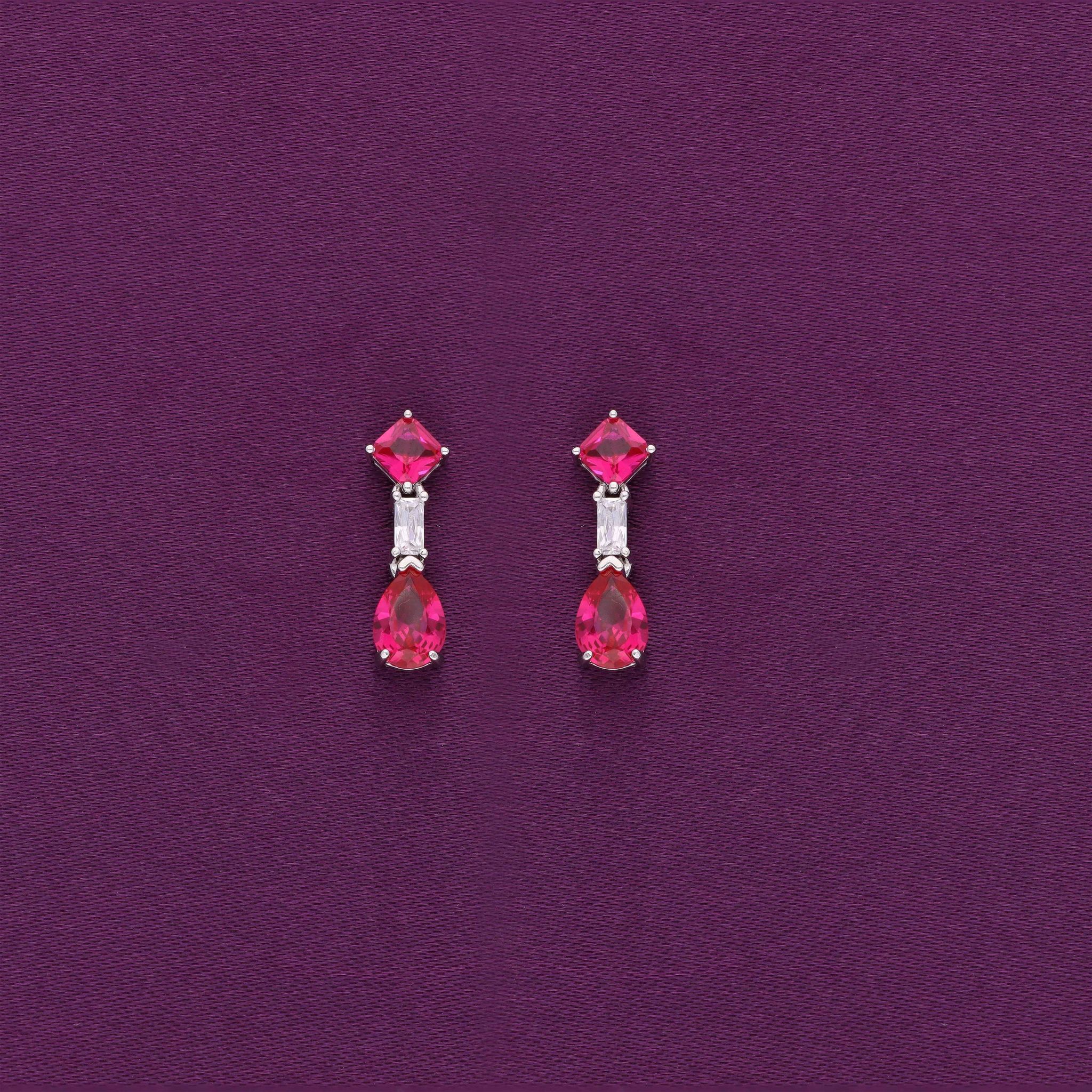 Sterling Silver Tear Drop Solitaire Drop Earrings-Pink Stone / Silver