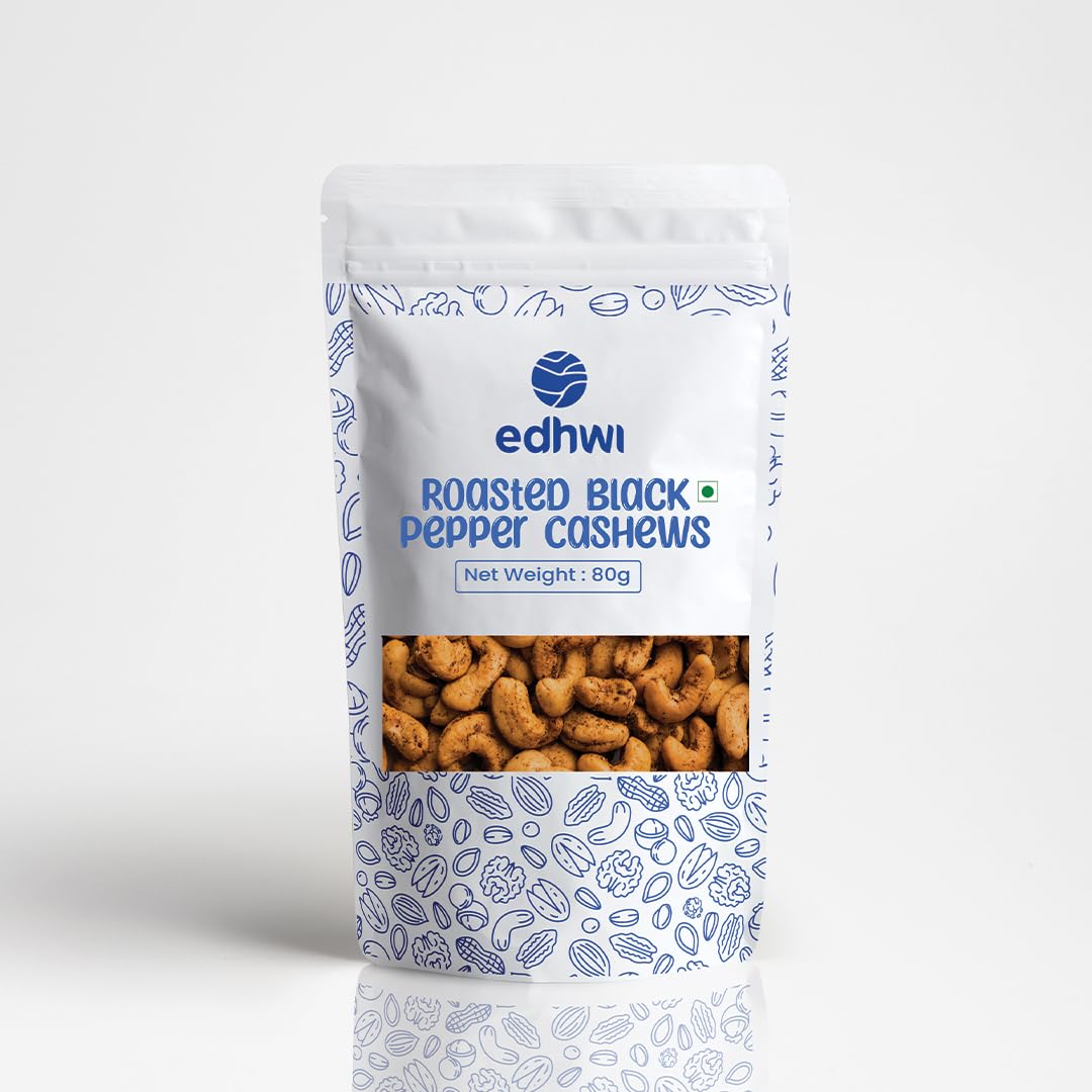 Edhwi Roasted Black Pepper Cashews, 80g | Bold & Spicy Flavor | Non-GMO, Gluten-Free | Perfect Healthy Snack for On-the-Go, Cooking, and Gifting | Rich in Protein, Fiber, and Essential Nutrients