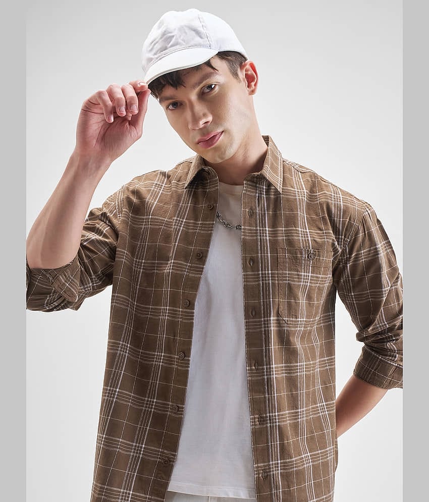 Highlander Cotton Blend Relaxed Fit Checks Full Sleeves Men's Casual Shirt - Brown ( Pack of 1 )