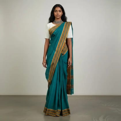 Narayanpet Handloom Cotton Saree in Rama Green, Chikki Paras Border Narayanpet Handloom Cotton Saree in Rama Green, Chikki Paras Border