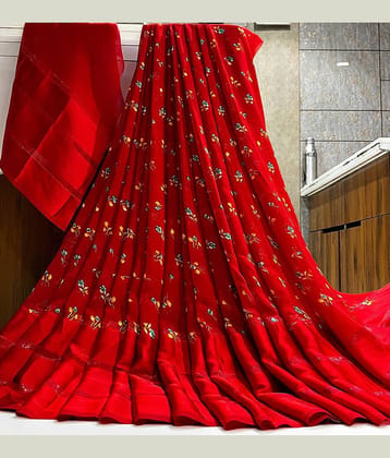 Sanwariya Silks Georgette Printed Saree With Unstitched Blouse Piece ( Red )