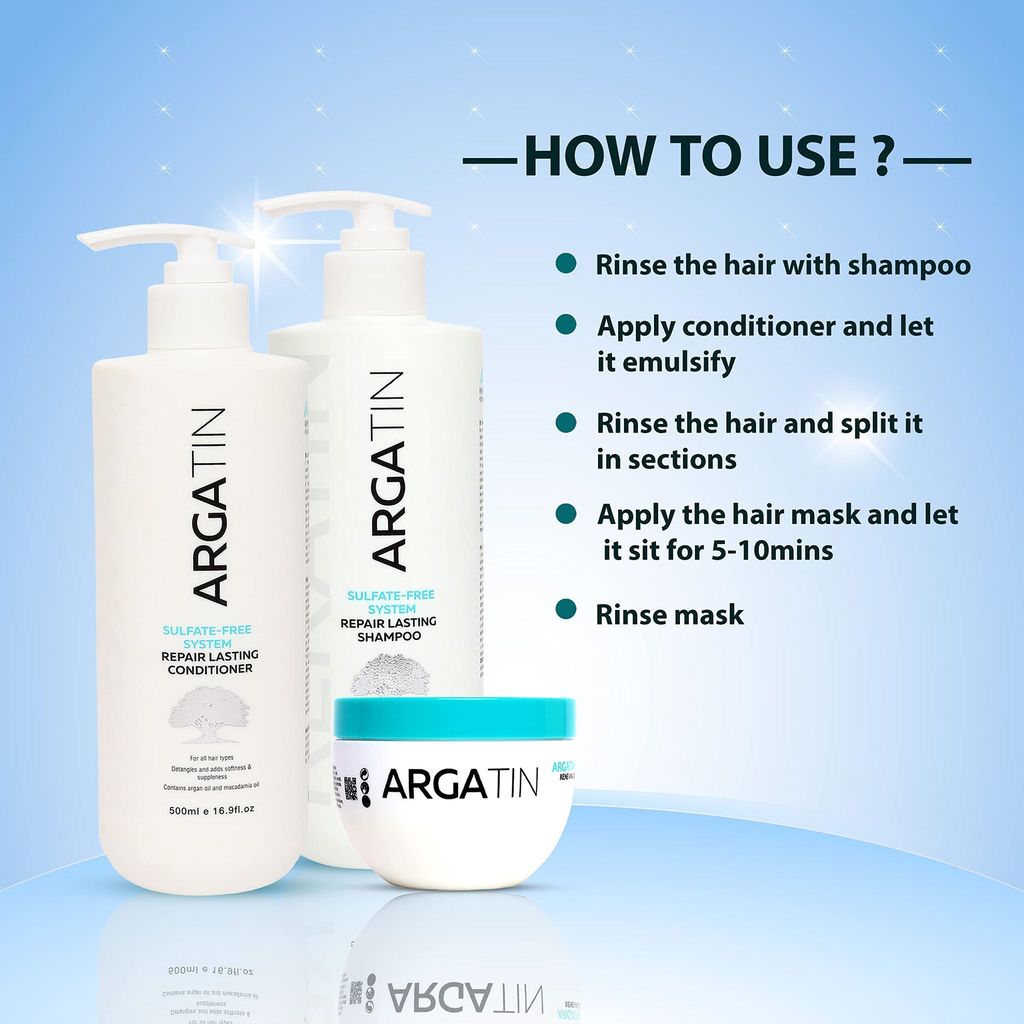 Argatin Repair Lasting Shampoo and Conditioner Hair Mask for Dry Damaged Color Treated Hair (Shampoo 500ml +Conditioner 500ml+ Hair Mask 250ml)