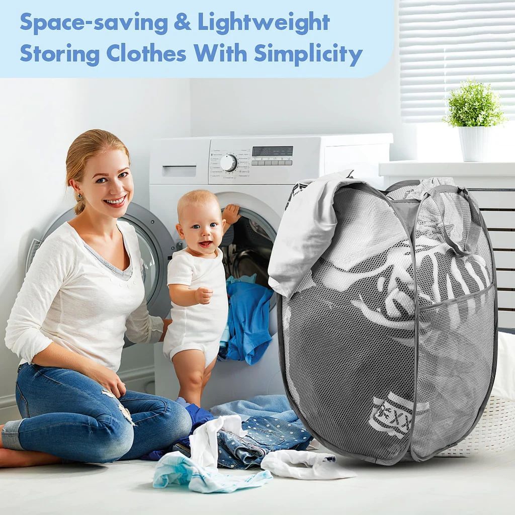 Laundry Hamper Mesh Fabric For Ventilation Foldable Storage Pop Up Clothes Basket (Pack of 1)