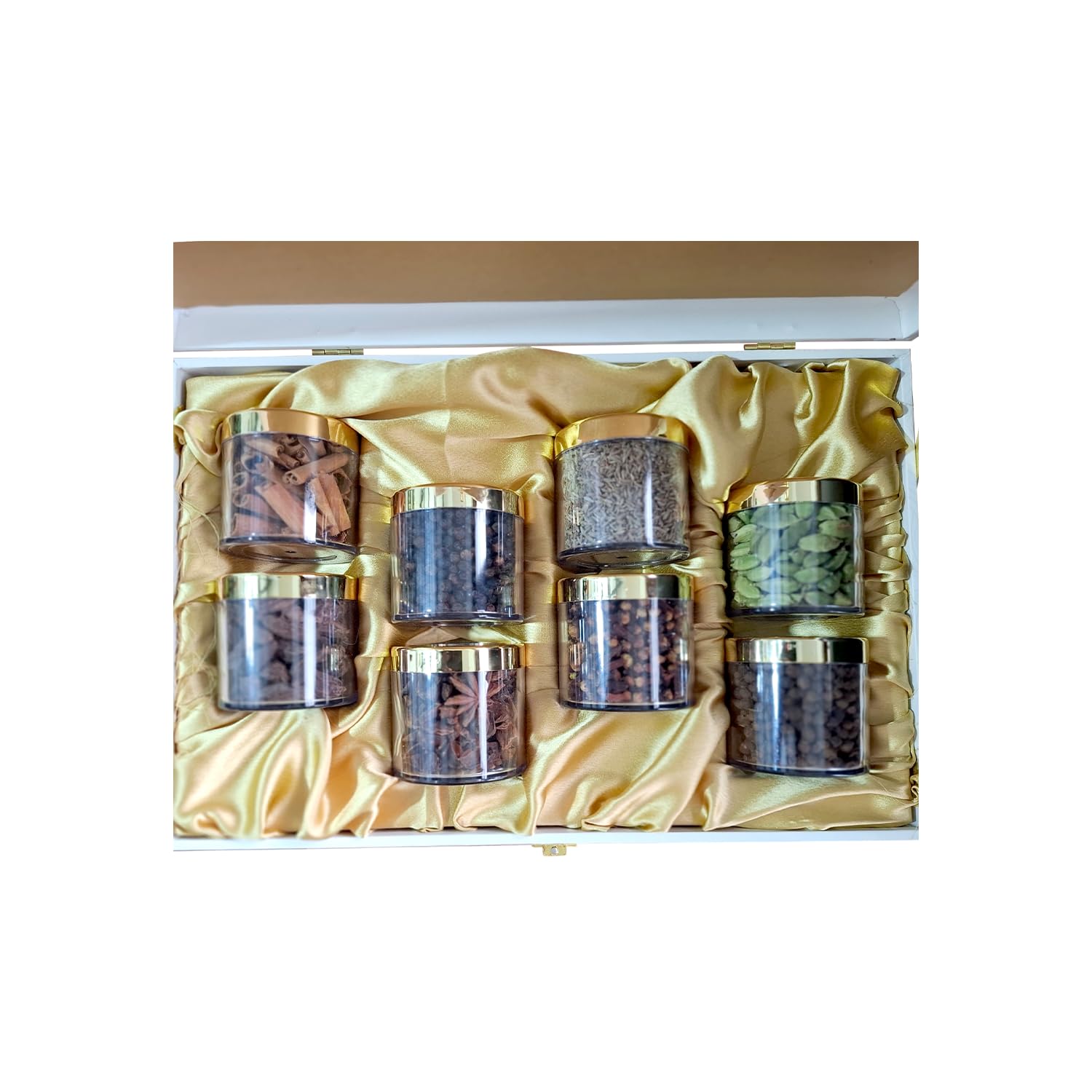 Keralaspicesonline Wooden Spice Box, Eight Acrylic Bottles With Premium Spices - 410 gm (Gift Box) Spices Box for Kitchen, Handmade Decorative Masala Dabba Organizer, Masala Dani
