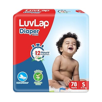LuvLap Pant Style Baby Diapers, Small (S), 78 Count Pack of 1, For babies of Upto 4-8Kg with Aloe Vera Lotion for rash protection, with upto 12hr protection, Diapers