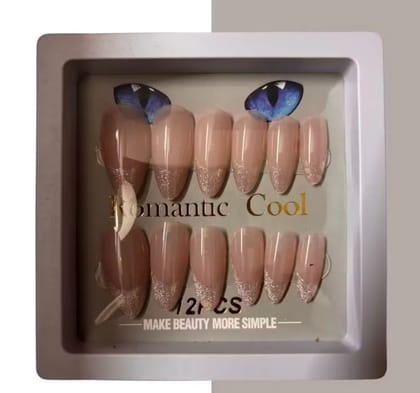 Kozykit Peach Pink & Half Silver Glitter Press-On Nails Set for Women | Glossy Artificial Fake Nail Extensions | Half Silver Glitter Design | Reusable Stick-On Nails with Free Nail Kit